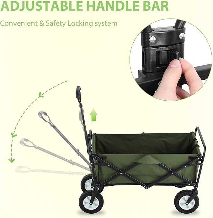 220 lbs Capacity Folding Wagon, Utility Garden Cart Collapsible with Wheels for Outdoor Camping, Green