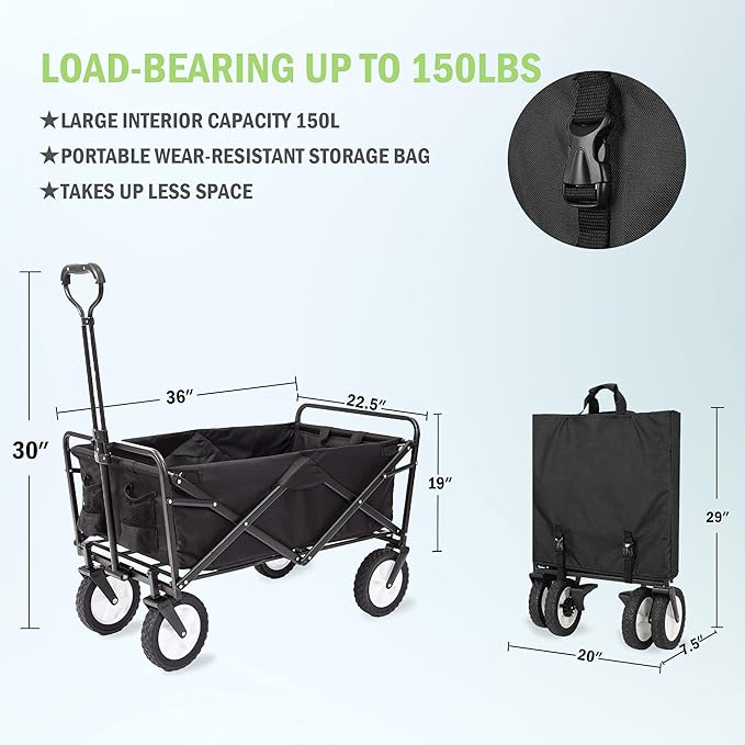 220 lbs Capacity Folding Wagon, Utility Garden Cart Collapsible with Wheels for Outdoor Camping, Black