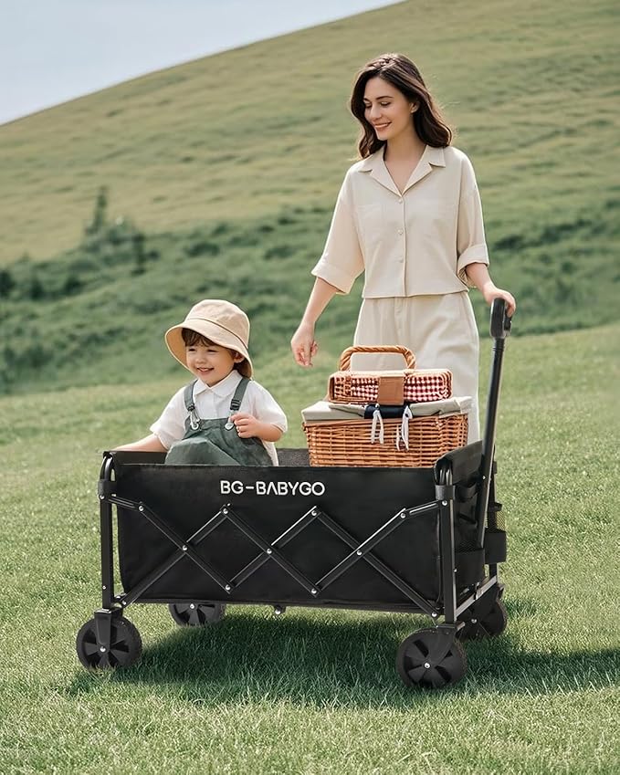 Collapsible Wagon Carts, Large Capacity Foldable Heavy Duty Garden Carts with Adjustable Handle, Utility Grocery Beach Wagon for Outdoor Camping, Shopping, Fishing and Sports - Black