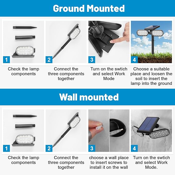 Sunvivo Motion Solar Lights Outdoor,Ground Path Lights or Wall Floodlight,Stay On or Motion Sensor Mode,Dusk to Dawn Security Light,Cordless,360° rotatable Spotlights for Path Yard Driveway,4-Pack