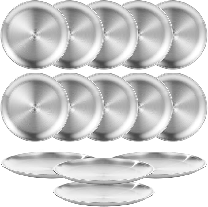OMISTAR 10 Pcs Stainless Steel Dinner Plates, Reusable Brushed Metal Plates, 10 inch Round Dinner Dishes, Serving Plates for Main Dishes, Unbreakable Kitchenware, Dishwasher Safe
