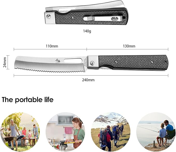 SENBON 440 stainless steel folding bread knife with carbon fiber handle camping barbecue outdoor back clip bread knife