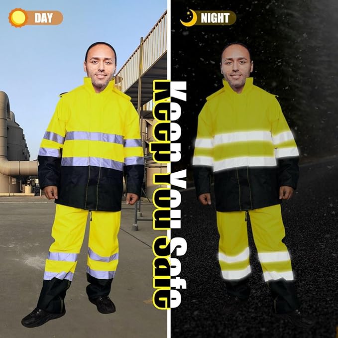 Men's Hi Vis Rain Jacket, Class 3 High Visibility Rain Gear for Men and Women, Waterproof Rain Suits, Internal Mesh,Zipper