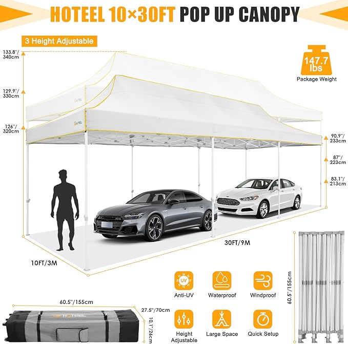 HOTEEL 10x30 Heavy Duty Pop Up Canopy Tent for Parties Event Wedding Commercial Instant Canopy with Wheeled Bag, Party Tent Waterproof UV 50+&Windproof, Upgraded Thick Hexagonal Legs, White