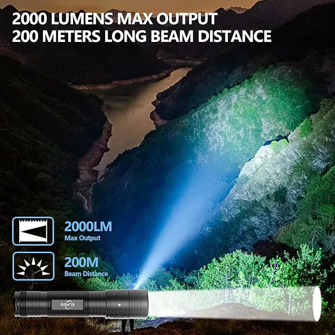 2000 Lumens Tactical Flashlight,LED Flashlight Flash Light Duty Rechargeable Flashlights with USB C IP67 Strobe Handheld Flashlight for Outdoor Camping Hiking Biking Emergency Work Light Repair