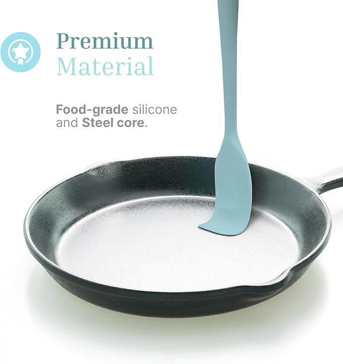 Silicone Utensils 4-Piece Set – Rubber Spatula, Pastry Brush, Slotted Turner, and Rice Paddle – Complete Heat-Resistant Set for Non-Stick Cookware – Kitchen Tools for Cooking and Baking – Pastel Blue