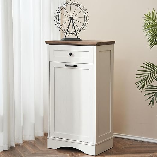 13 Gallons Tilt Out Trash Cabinet Freestanding Kitchen Trash Bin Cabinet Wood Garbage Recycling Cabinet with Hideaway Drawer Pet Proof Trash Can Holder for Kitchen Living Room, Antique White