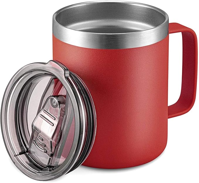 ALOUFEA 12oz Stainless Steel Insulated Coffee Mug with Handle, Double Wall Vacuum Travel Mug, Tumbler Cup with Sliding Lid, Red
