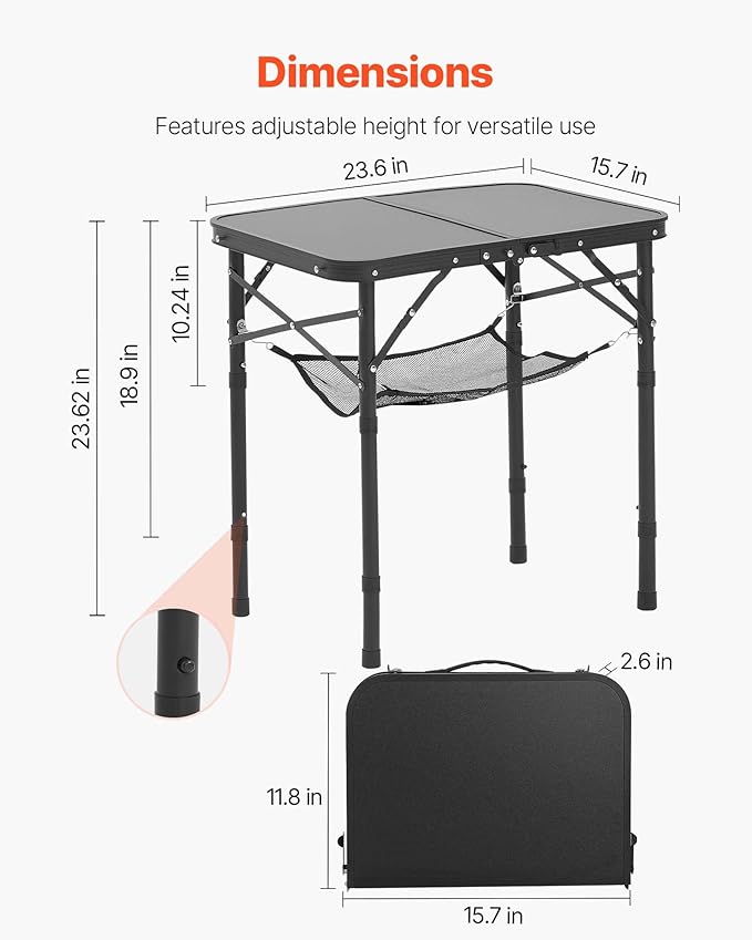 VEVOR Folding Camping Table, Adjustable Height Portable Side Tables, Aluminum MDF Beach Table with Mesh Layer, Carrying Handle, Lightweight Compact for Outdoor Picnic BBQ Cooking (24inch-Black)