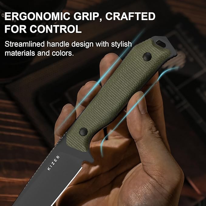 Kizer Begleiter Fix Fixed Blade Knife, 3.78" Drop Point D2 Blade Hunting Knives with Kydex Sheath, Green Micarta Handle EDC Knife for Camping Hunting Survival 1045MD3