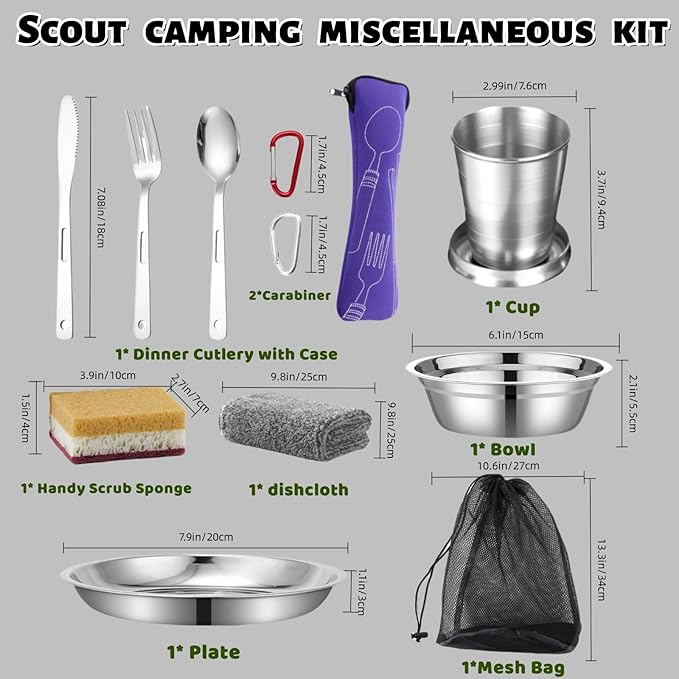 Scout Camping Mess Kits Stainless Steel Utensils Camping Dinnerware Kit Boy Scout Dishes Set Girl Scout Mess Kit with Mesh Bag Camping Cutlery Set Travel Trip School Camp Easy to Carry Clean
