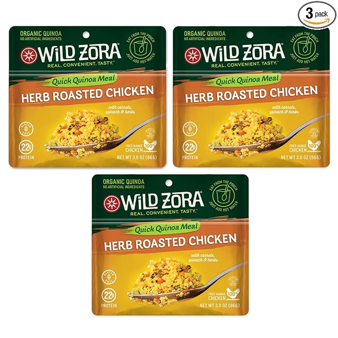 Wild Zora Instant Organic Quinoa Meals - Quick & Tasty Prepared Quinoa Bowls, Pantry Staples Gluten-Free Meal with Lentils Plus 10g Olive Oil Packet - Herb Roasted Chicken (3-Pack)