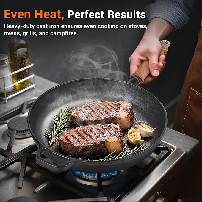 12" Cast Iron Skillet with Lid & Removable Wooden Handle, Pre-Seasoned Frying Pan for Stove, Oven, Grill & Campfire Cooking (1, 12")