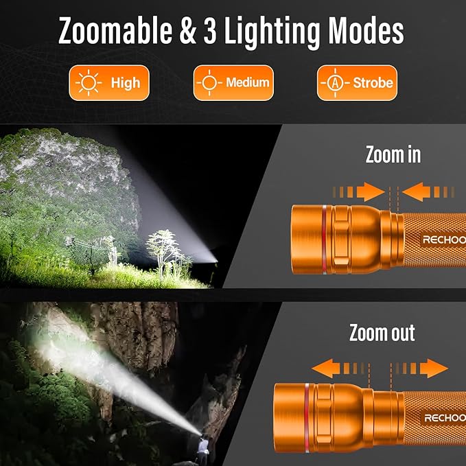 Rechargeable Flashlights High Lumens, G1000 Super Bright Flash Light Orange, Small Zoomable LED Flashlight with 3 Lighting Modes, Portable Tactical Flashlight for Camping Essentials (Battery Included)