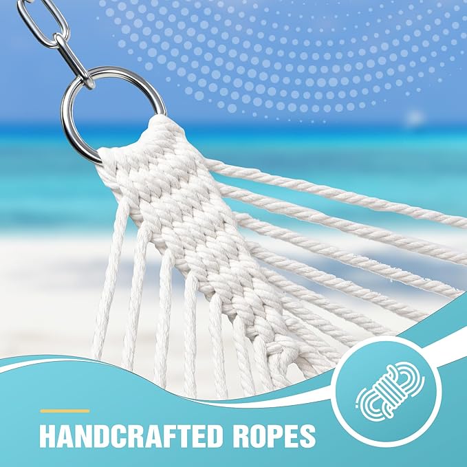 RedSwing Double Hammock for 2 Person,Rope Hammocks for Outside with Wooden Spreader Bars, Includes S-Hooks and Hanging Chains,Capacity 450 lbs