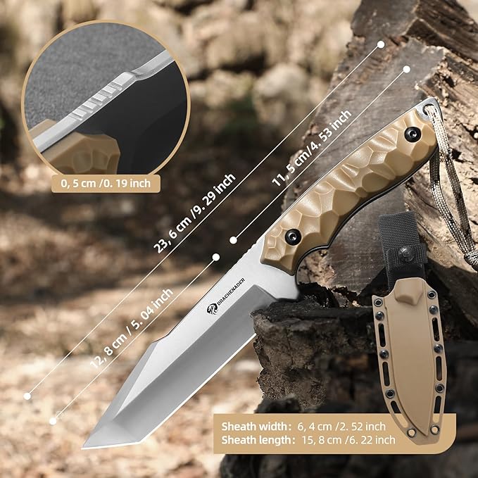 9.29“ Fixed Blade Knife with Sheath, 5.04" Blade in 5cr14mov Steel, Tactical for Men, Survival Knife with ABS Handle,Full Tang Design Khaki-Sliver