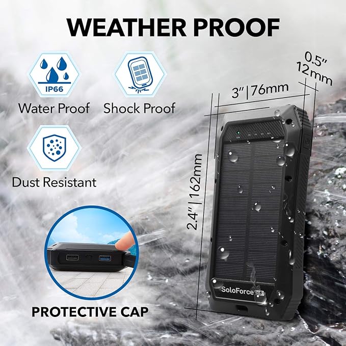 Solar Power Bank - 2000mAh Wireless Portable Charger for iPhone Android | Fast Charging Powerbank | Built-in Qi Panel, USB C Outlets, LED Light | Waterproof External Battery Pack for Camping