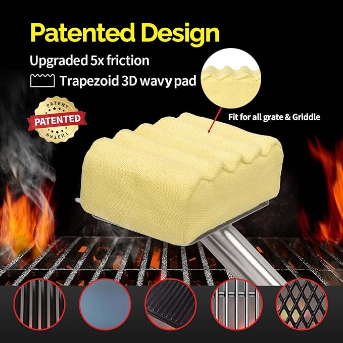 Grill Brush Bristle Free,Aramid Fiber Wavy Pad Seamless-Fit Cast Iron/Stainless-Steel Grates,BBQ Replaceable Scraper Cleaning Head,Safe Grill Cleaner for Outdoor Grill,Gifts for Men/Dad