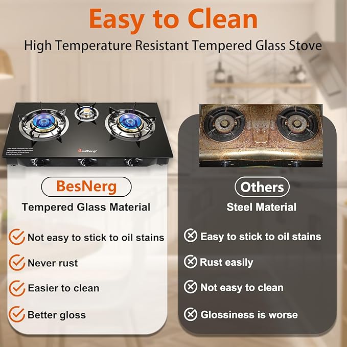 Propane Stove 3 Burner Gas Stove, 34000 BTU High-Efficiency Auto Ignition Tempered Glass LPG Cooktop with CSA Regulator and Hose โ for Outdoor Camping, RV, and Emergency Cooking