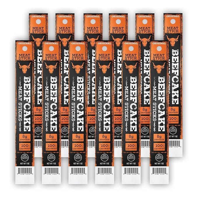 Beefcake Jerky Original Meat Sticks, Smoky Protein Snacks, 8g Protein Zero Sugar, Gluten Free Low Calorie Keto Friendly, Premium Quality Meat Sticks - 12 Sticks