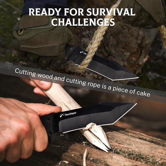 Tanto Camping Knife for Men, D2 Steel Fixed Blade Tactical Survival Knife with Sheath - Compact & Portable for Outdoor Hiking, Bushcraft, G10 Handle - Black