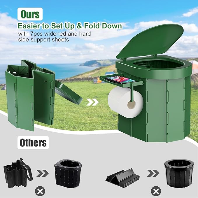 Portable Camping Toilet, Foldable Toilet for Adults with Detachable Phone Shelf and Toilet Paper Holder, Waterproof Porta Potty with Lid for Camping, Hiking, RV Travel, Road Trips