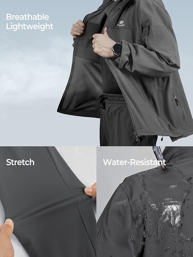 Men’s Tactical Jacket Lightweight Hooded Windbreaker Water Resistant Stretch Breathable 9 Pockets Outdoor Work Coat