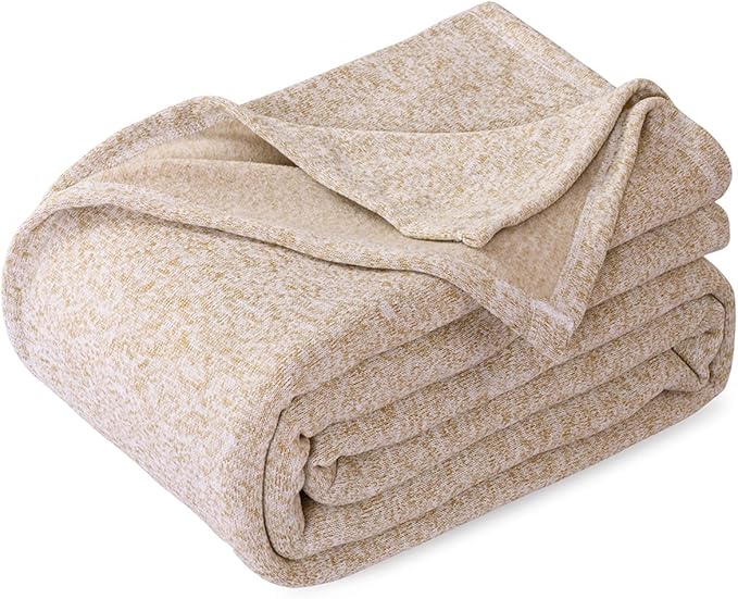 KAWAHOME Summer Sweatshirt Throw Blanket for Bed-Lightweight Breathable Blankets,Soft Thin Knit Jersey Throw Blanket for Hot Sleepers,50 X 60 Inches, Heather Camel