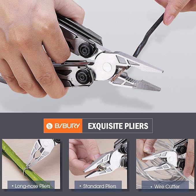 BIBURY Multitool Pliers, 18 in 1 Multi Tool with Titanium-Plated Handle & Safety Hammer, Safety Locking Design Stainless Steel Tool Pocket Knife for Outdoor, Survival, Camping, Hiking, Home Repair