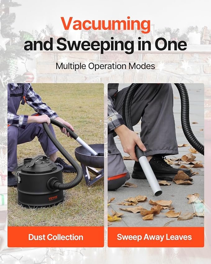 VEVOR Ash Vacuum Cleaner 4 Gallon with 1200W Strong Suction Ash Vac Collector with Wheels and 47.2-in Flexible Hose for Grills Fireplaces Pizza Ovens Log Burner Pellet Stoves Wood Stove