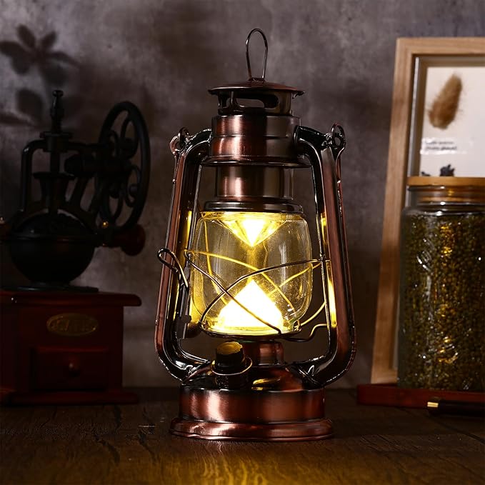 4 Pcs LED Vintage Lanterns Battery Operated Warm White Old Hurricane Lantern Antique Metal Hanging LED Lamp with Dimmer Switch for Indoor Table Outdoor Christmas Halloween(Bronze)