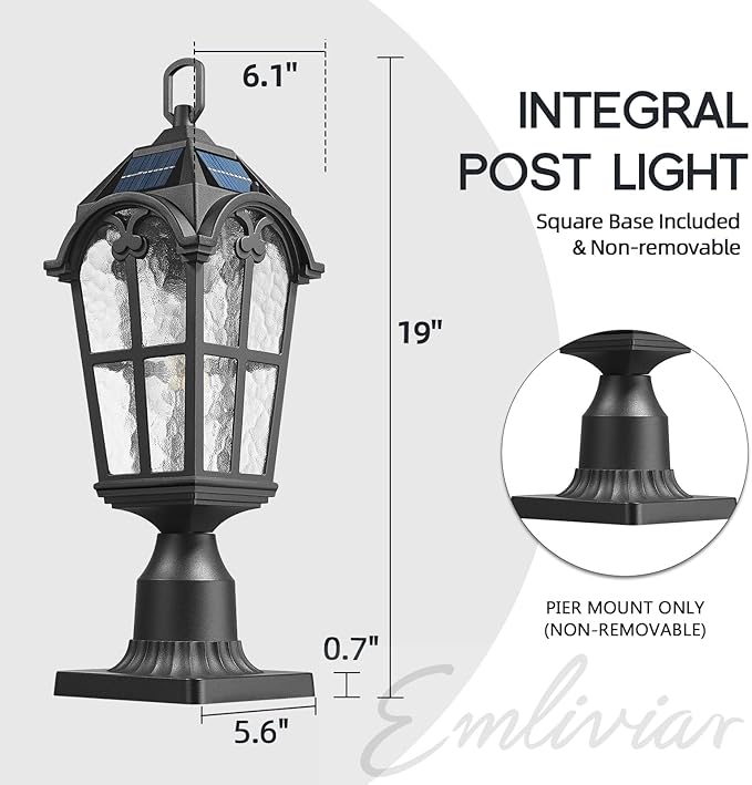Emliviar 19" Portable Solar Post Light for Patio and Camping, Table Lamp with Pier Mount Base in Black Finish, Outdoor Solar Lighting with Water Grain Glass Shade, YXE302P-ML SL BK