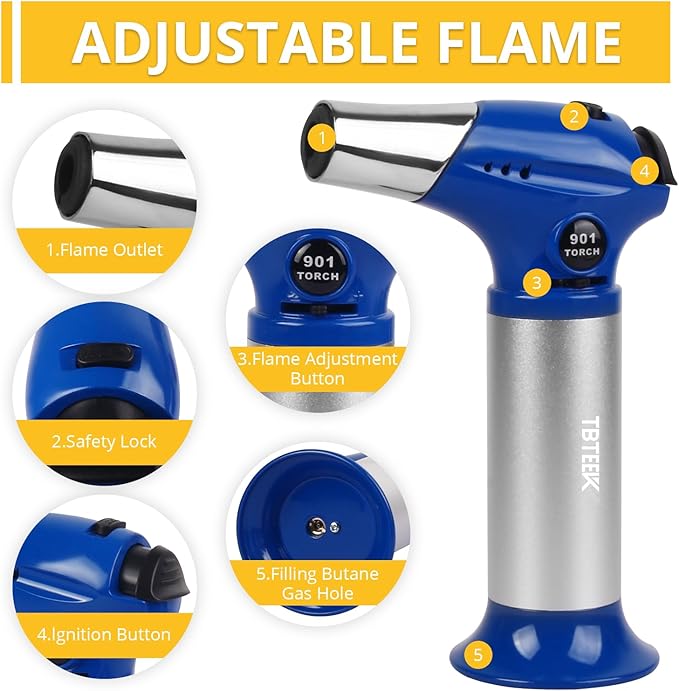 TBTEEK Butane Torch T901, Kitchen Torch Cooking Torch with Safety Lock & Adjustable Flame for Cooking, BBQ, Baking, Brulee, Creme, DIY Soldering(Butane Not Included), Blue