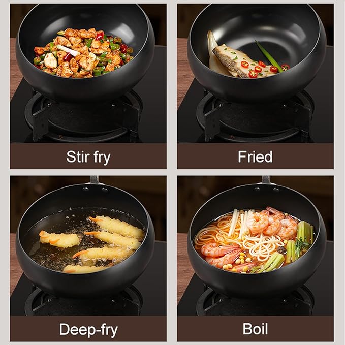 Carbon Steel Wok Pan, 11" Woks & Stir-Fry Pans with Glass Lid Cookwares, Nonstick Wok Flat Bottom Small Handmade Chinese Wok For for All Stoves