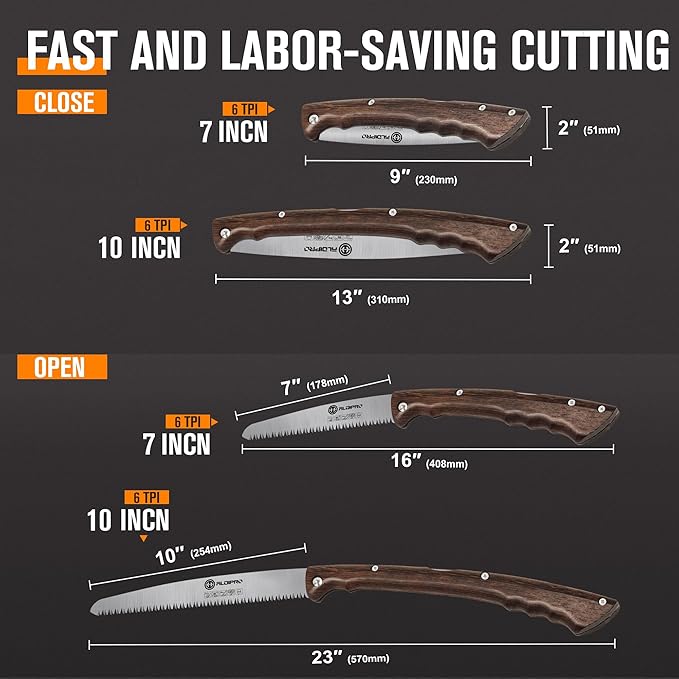 Folding Pruning Saw 7 Inch with Leather Sheath and Wenge Wooden Handle, SK5 Steel Blade, Foldable Hand Saw for Camping, Survival, Wood Cutting, Bushcraft and Tree Trimming