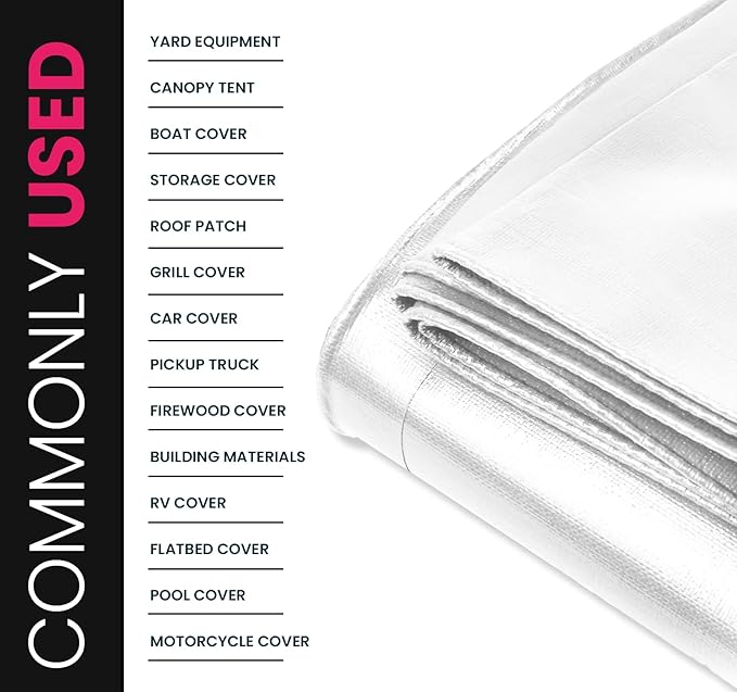 PROTARP Extreme Heavy Duty 22 Mil Tarp Cover, Waterproof, UV Resistant, Rip and Tear Proof, Poly Tarpaulin with Reinforced Edges for Roof, Camping, Patio, Pool, Boat. (White 24′ X 64′)