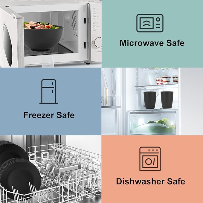 40 Pieces Plates and Bowls Sets, Wheat Straw Dinnerware Sets for 8, Dinner Plates, Cereal Bowls and Drinking Cups, Unbreakable and Reusable Plastic Dinnerware Sets (Black)