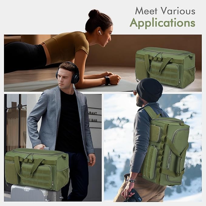 BAGZY Tactical Gym Bags for Men 3 In 1 Travel Duffle Bag 40L with Shoe Compartment Travel Backpack Fitness Weekender Deployment with 1pcs Tactical Toiletry Bag Green