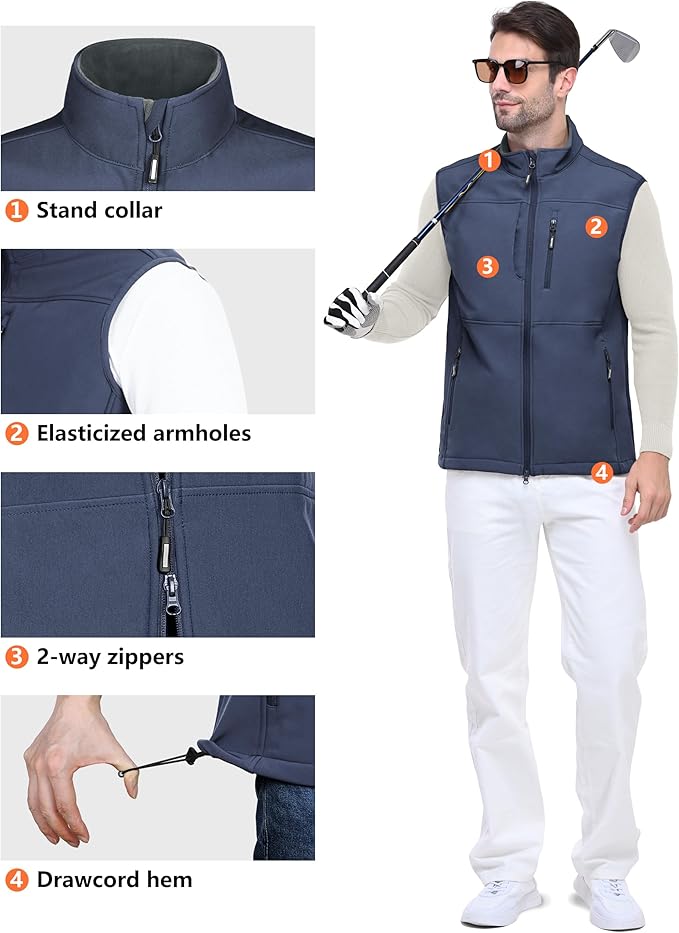 Outdoor Ventures Men's Running Vest Outerwear, Lightweight Windproof Fleece-Lined Softshell Sleeveless Jacket for Golf