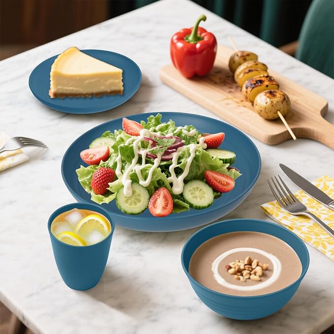 Wheat Straw Dinnerware Sets, 32 PCS Dishes Set for 8, Unbreakable Alternative Plastic Plates and Bowls Sets for Kitchen Outdoors RV Camping Patio, Dishwasher & Microwave Safe - Blue