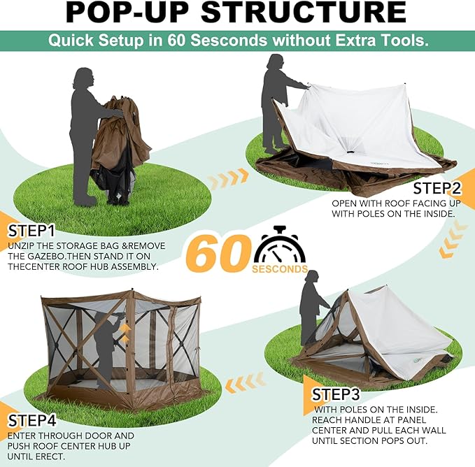 COBIZI 10x10ft Pop up Gazebo Screen House Tent for Camping, Pop-up Camping Canopy with Mesh Windows,Portable Outdoor Quick-Set Hub Tent with Carrying Bag&Ground Stakes,Brown(Upgraded 2.0)
