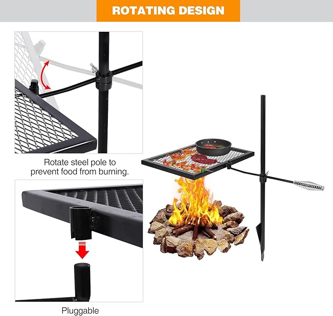 REDCAMP Swivel Campfire Grill Grate, Portable Fire Pit Grill Grate Over Fire Pit, Heavy Duty Steel Grate & Camp Fire Rack with Carrying Bag for Outdoor Camping Cooking