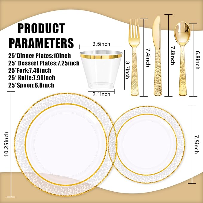 Ciaell 150PCS Clear Gold Plastic Plates - Disposable Gold Rim Plates include 25Dinner Plate, 25Dessert Plate, 25Forks, 25Knives, 25Spoons, 25Cups for Wedding & Party & Thanksgiving
