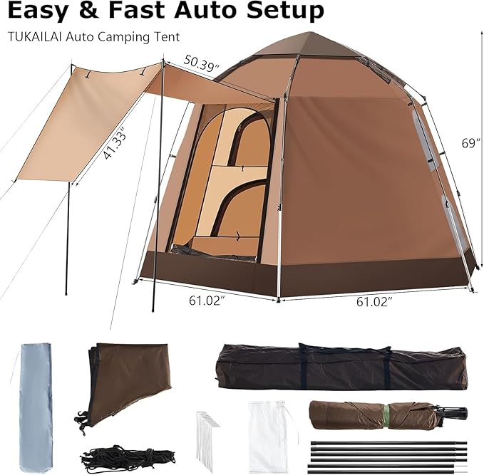 TUKAILAI Instant Camping Tent, Hexagonal Design Automatic Dome Tent with 4 Mesh Windows and 1 Door, Easy Setup Pop Up Tent with Vestibule & Rainfly