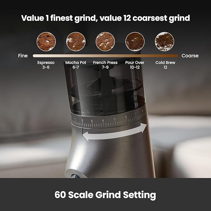 Electric Conical Burr Coffee Grinder, Coffee Bean Grinder with Smart 60S Timer, 60 Precise Adjustable Grind Settings for Espresso, 2-12 Cup, Easy to Clean, Durable & Quiet, G9010B Grey