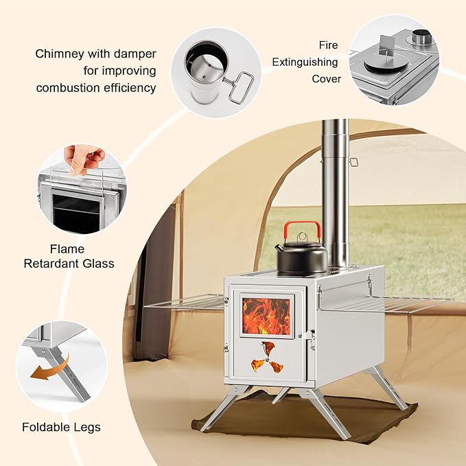 Hot Tent Stove, Camping Wood Stove for Tent, Portable Stainless Steel Wood Burning Stove with 7 Chimney Pipes for Wall Tent Camping, Cooking, Ice Fishing, Hunting, Boiling Water - Medium