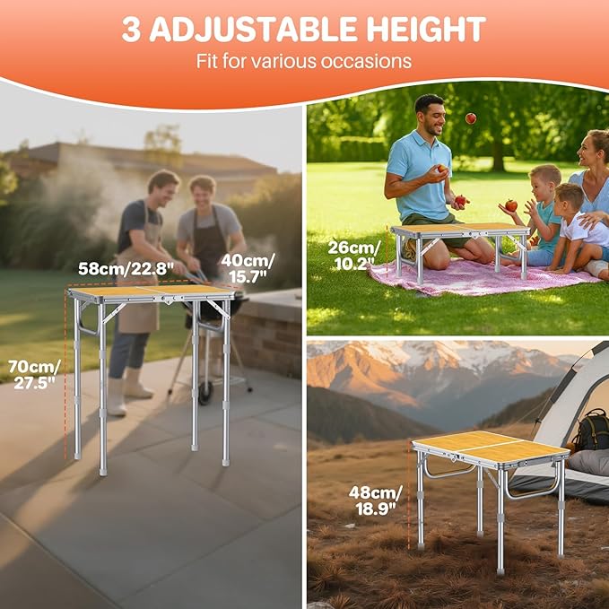 FUNYKICH 2ft Small Folding Camping Table, 3 Height Adjustable Portable Picnic Table, Lightweight Aluminum Outdoor Tables with Carry Handle for Camping, Picnic, BBQ, 58x40cm(L22.8 xW15.7)