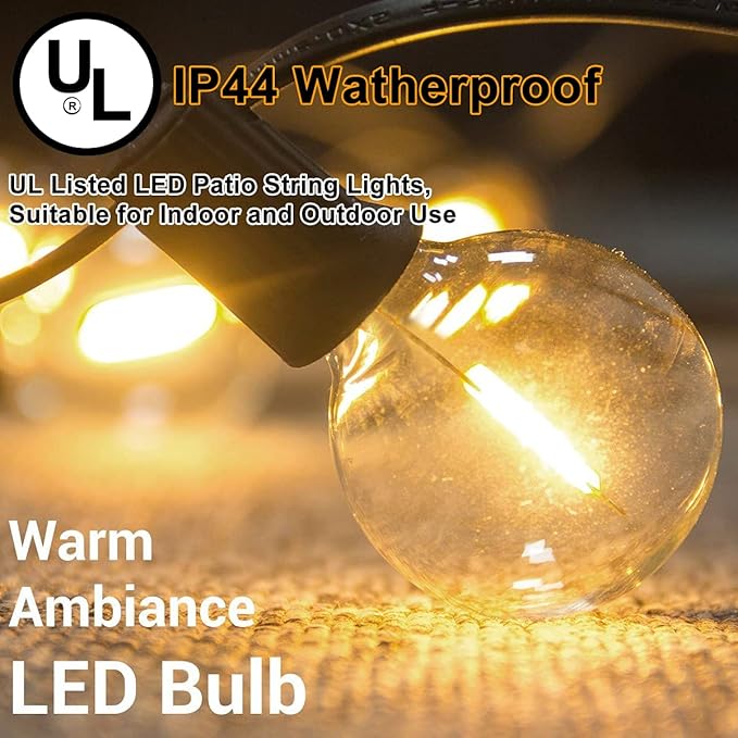 Abeja Outdoor String Lights, 25Ft G40 Globe LED Patio Lights with 27 Edison Plastic Bulbs(2 Spare), Hanging Patio String Lights for Backyard Porch Balcony Party Decor, E12 Socket Base, Black