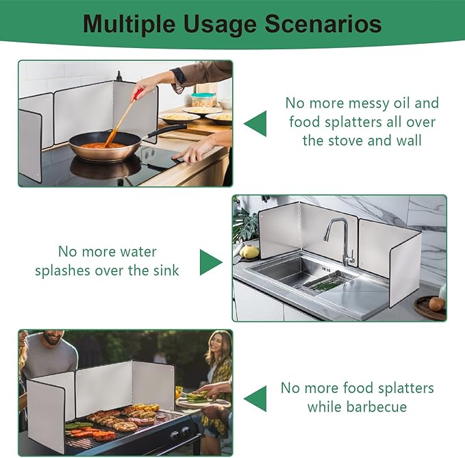 Silver Large 2 Pieces 2 Sided Stainless steel Splatter Guard for Frying Stove Top,Oil Splash Guard Cooking for Stove,Non Stick Foldable Splatter Screen