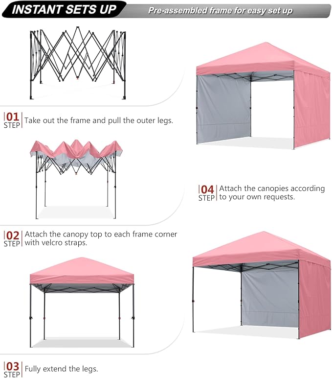 ABCCANOPY Pop up Canopy Tent with 2 Sidewalls for Outdoor Sun Blocking or Rain Protection,10x10, Pink